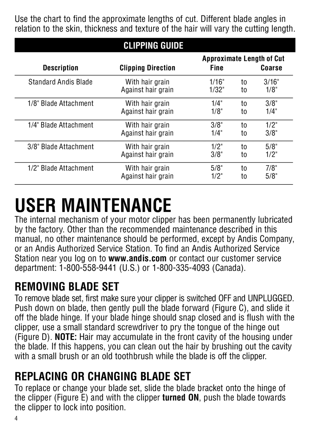 Andis Company MBG-2 manual User Maintenance, Removing blade set, Replacing or Changing Blade SET 