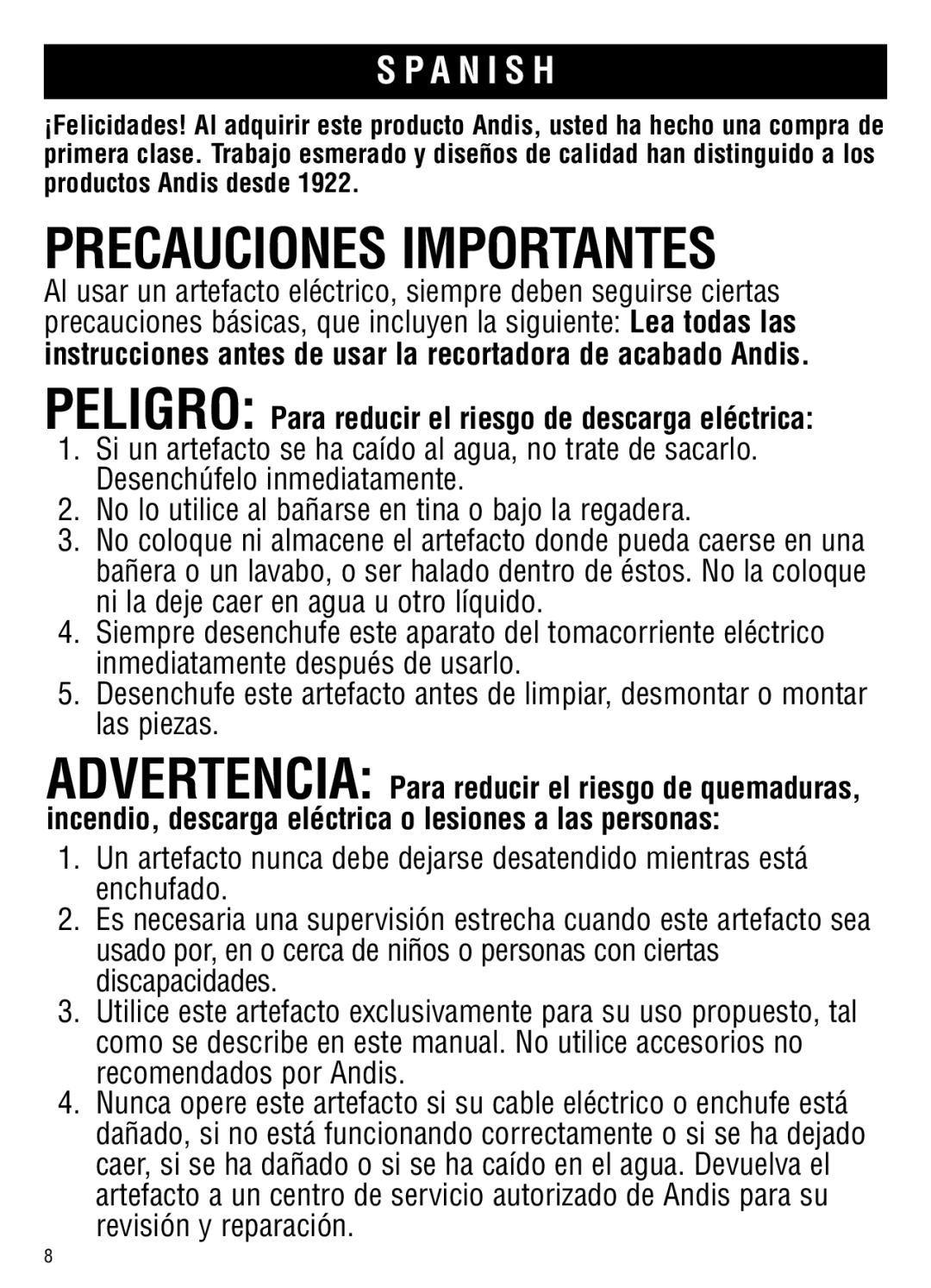 Andis Company MBG-2 manual Precauciones Importantes, A N I S H 