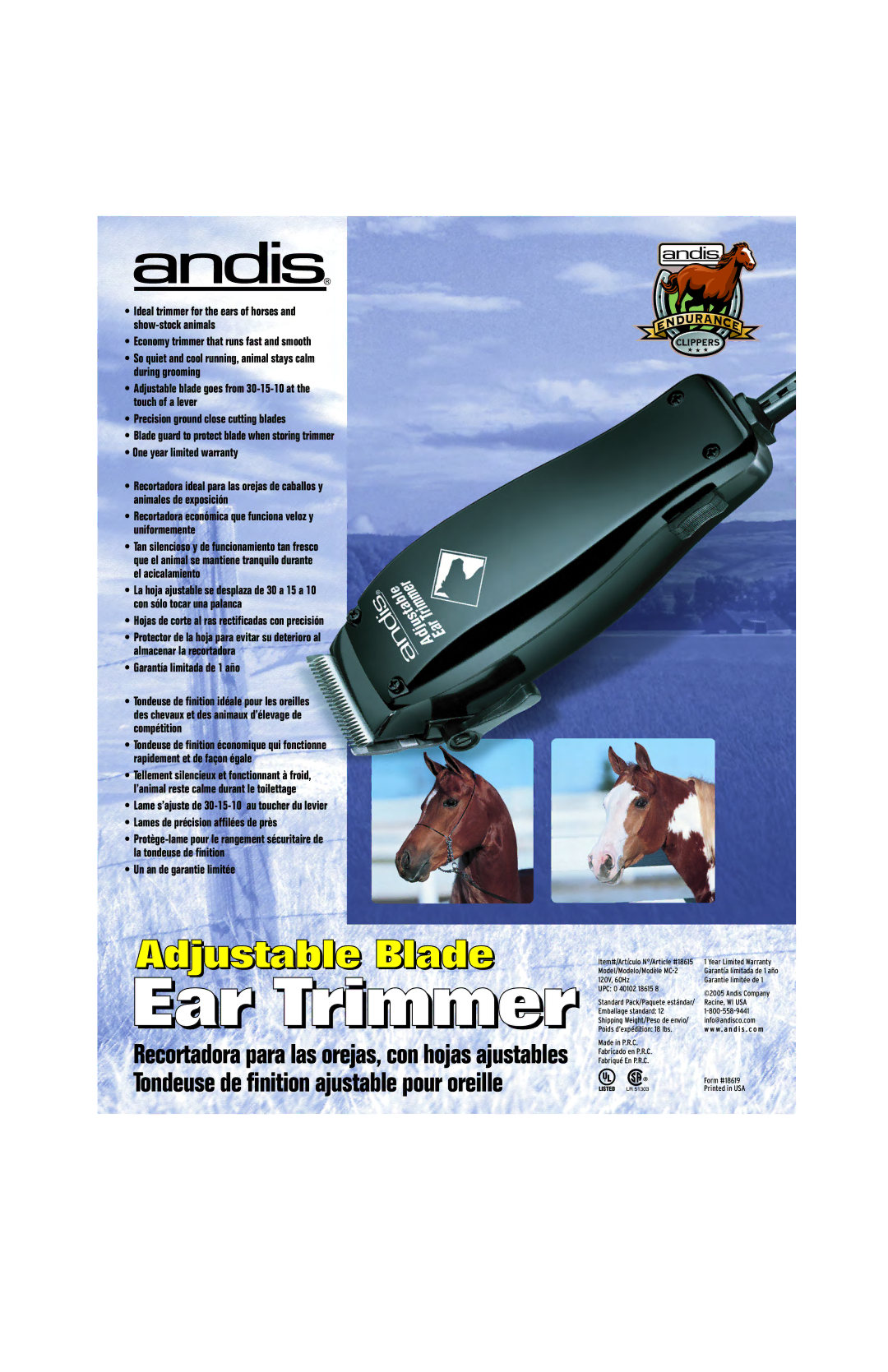 Andis Company MC-2 120v warranty Ear Trimmer, Economy trimmer that runs fast and smooth, Garantía limitada de 1 año 