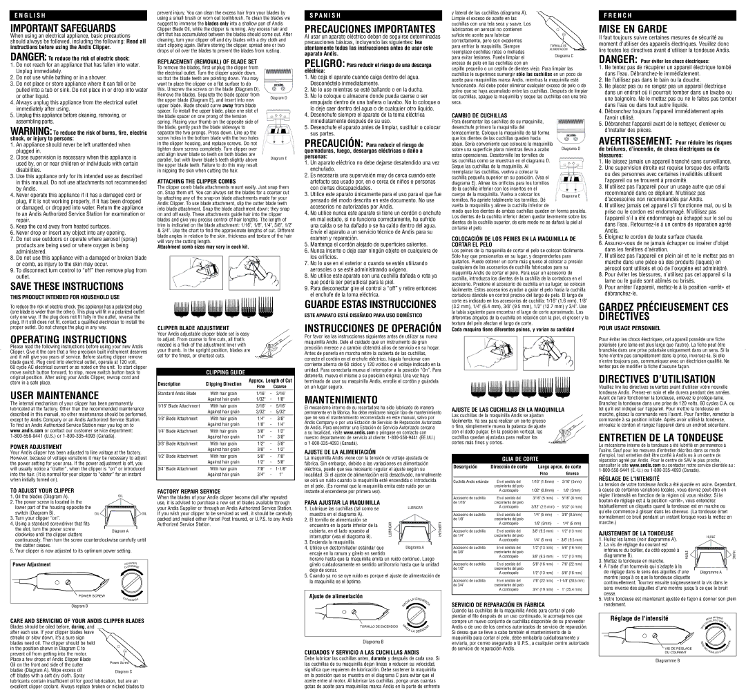 Andis Company MC-2 operating instructions Important Safeguards, Operating Instructions, User Maintenance, Mantenimiento 