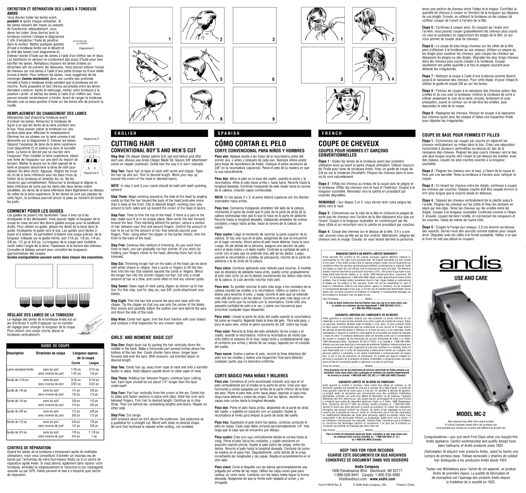 Andis Company MC-2 operating instructions Cutting Hair, Cómo Cortar EL Pelo, Coupe DE Cheveux 