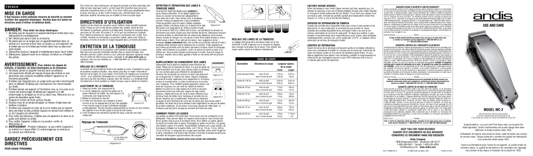 Andis Company MC-2 warranty Mise EN Garde, Directives D’UTILISATION, Entretien DE LA Tondeuse 