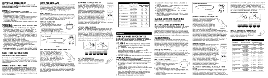 Andis Company MC-2 warranty Important Safeguards, User Maintenance, Guarde Estas Instrucciones, Instrucciones DE Operación 