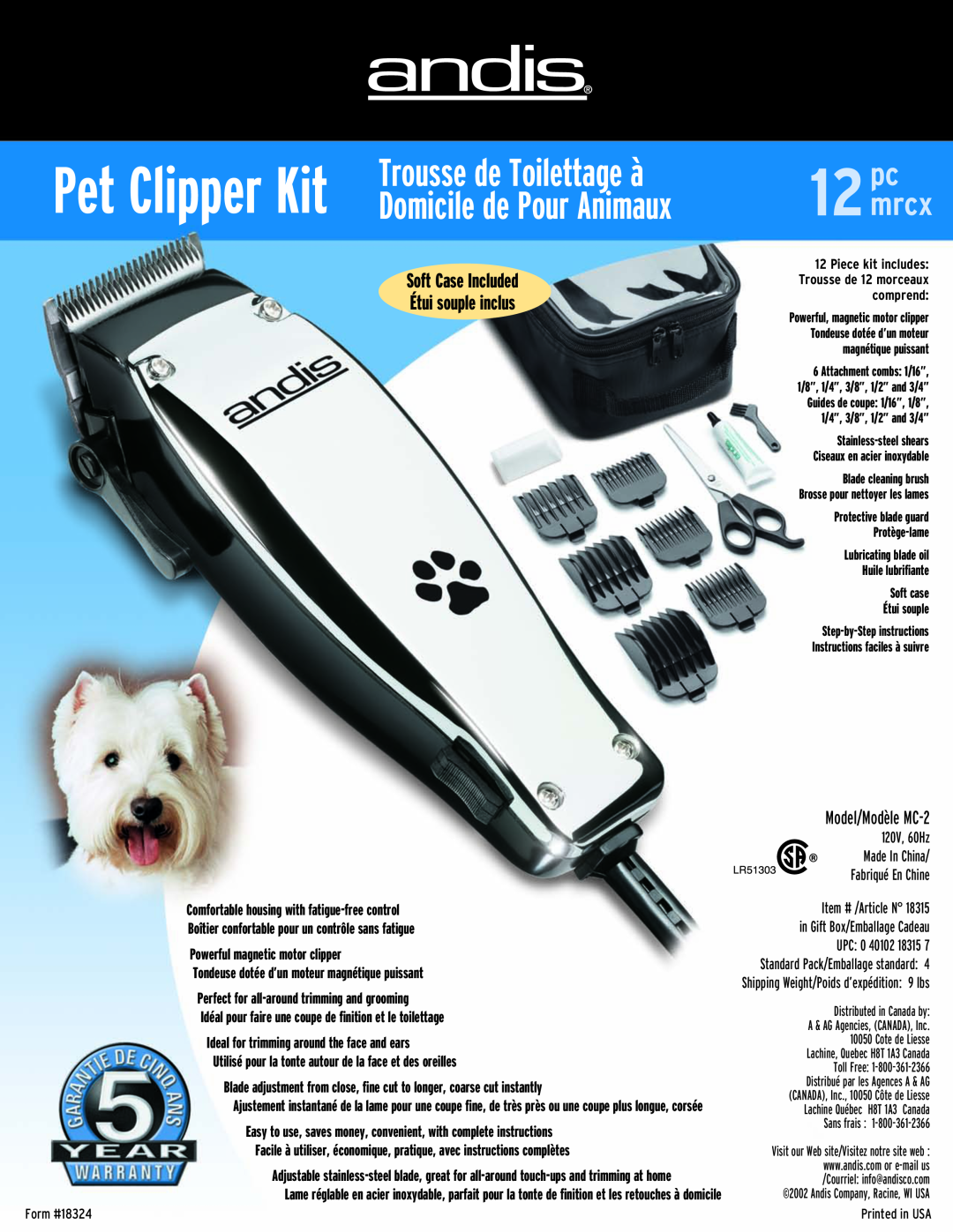 Andis Company MC-2 manual Pet Clipper Kit, Trousse de Toilettage à, Domicile de Pour Animaux, 12mrcx 