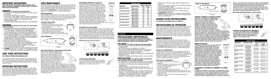Andis Company MC-2 warranty Important Safeguards, User Maintenance, Guarde Estas Instrucciones, Instrucciones De Operación 