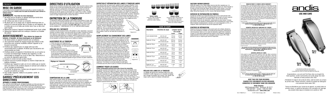 Andis Company MC-2, MC-3 warranty Mise EN Garde, Directives D’UTILISATION, Entretien DE LA Tondeuse 