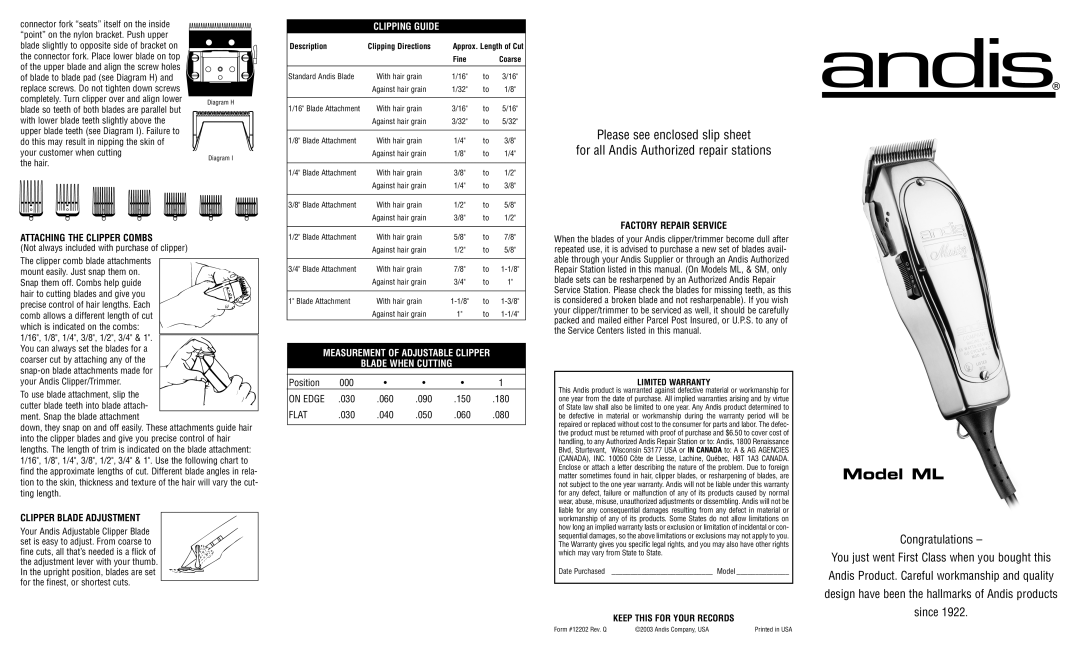 Andis Company Men's Shaver warranty Attaching the Clipper Combs, Clipper Blade Adjustment, Factory Repair Service 