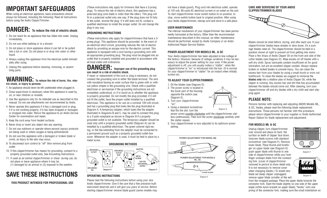 Andis Company Men's Shaver warranty This Product Intended for Professional USE, Grounding Instructions, Grounding Methods 