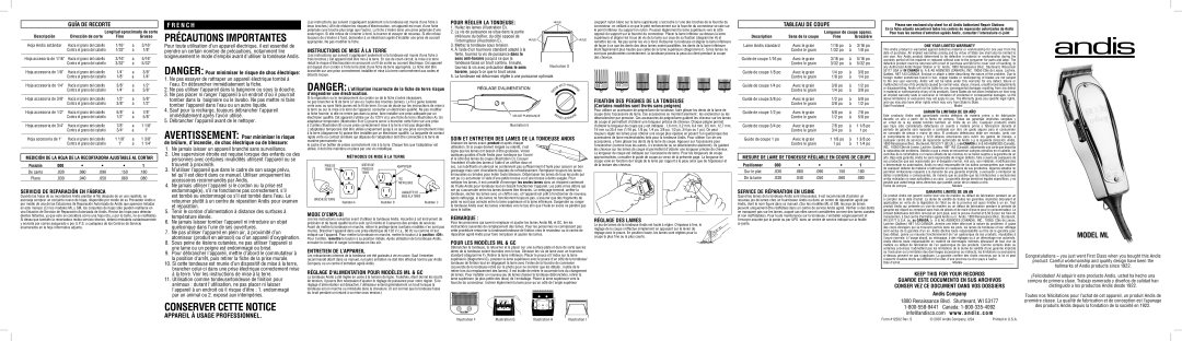 Andis Company GC, ML warranty Servicio DE Reparación EN Fábrica, Instructions DE Mise À LA Terre, Mode D’EMPLOI, Remarque 