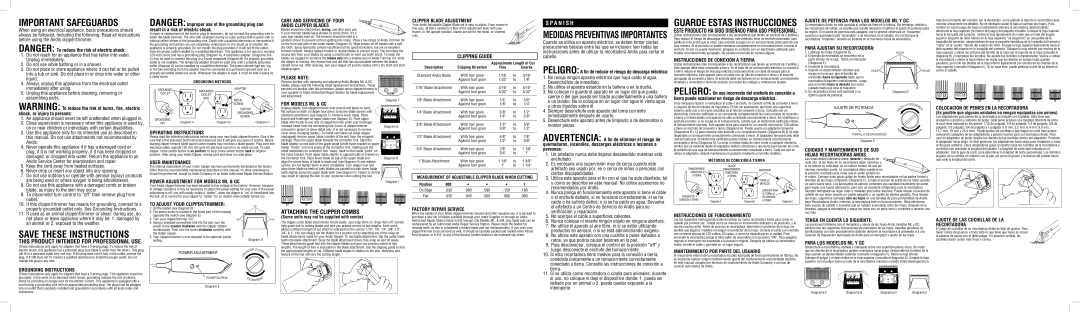 Andis Company Grounding Instructions, Operating Instructions, User Maintenance, Power Adjustment for Models ML & GC 