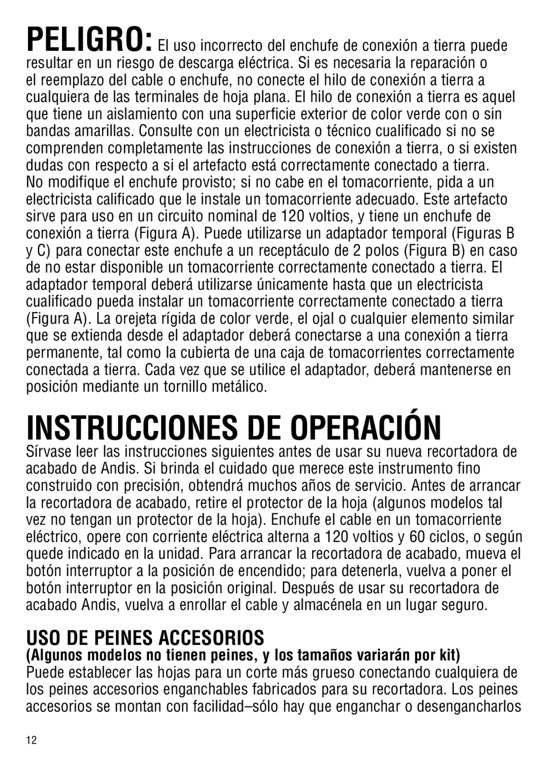 Andis Company ML, GC manual Instrucciones DE Operación, USO DE Peines Accesorios 