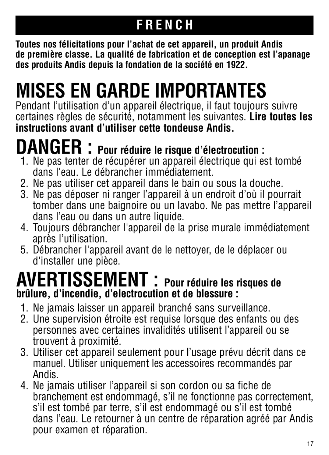 Andis Company GC, ML manual Mises EN Garde Importantes 