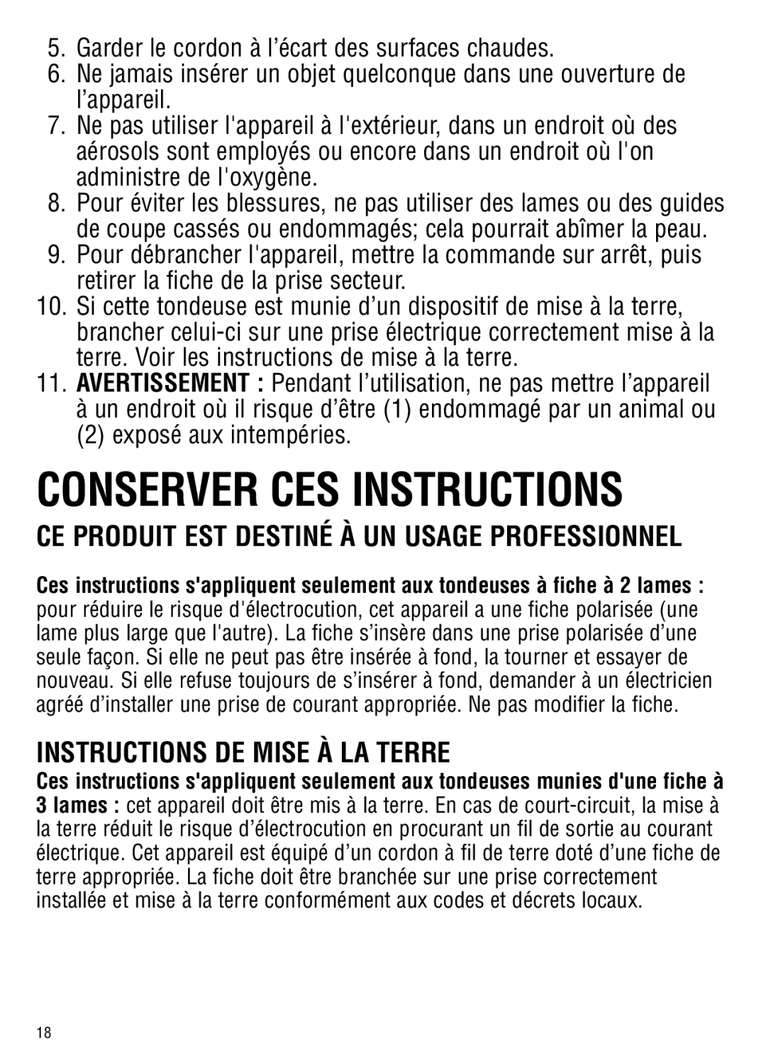 Andis Company ML, GC manual Conserver CES Instructions, Instructions DE Mise À LA Terre 