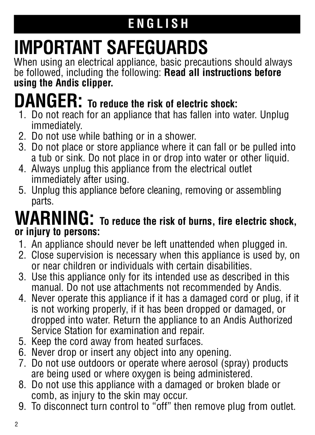 Andis Company ML, GC manual Important safeguards 