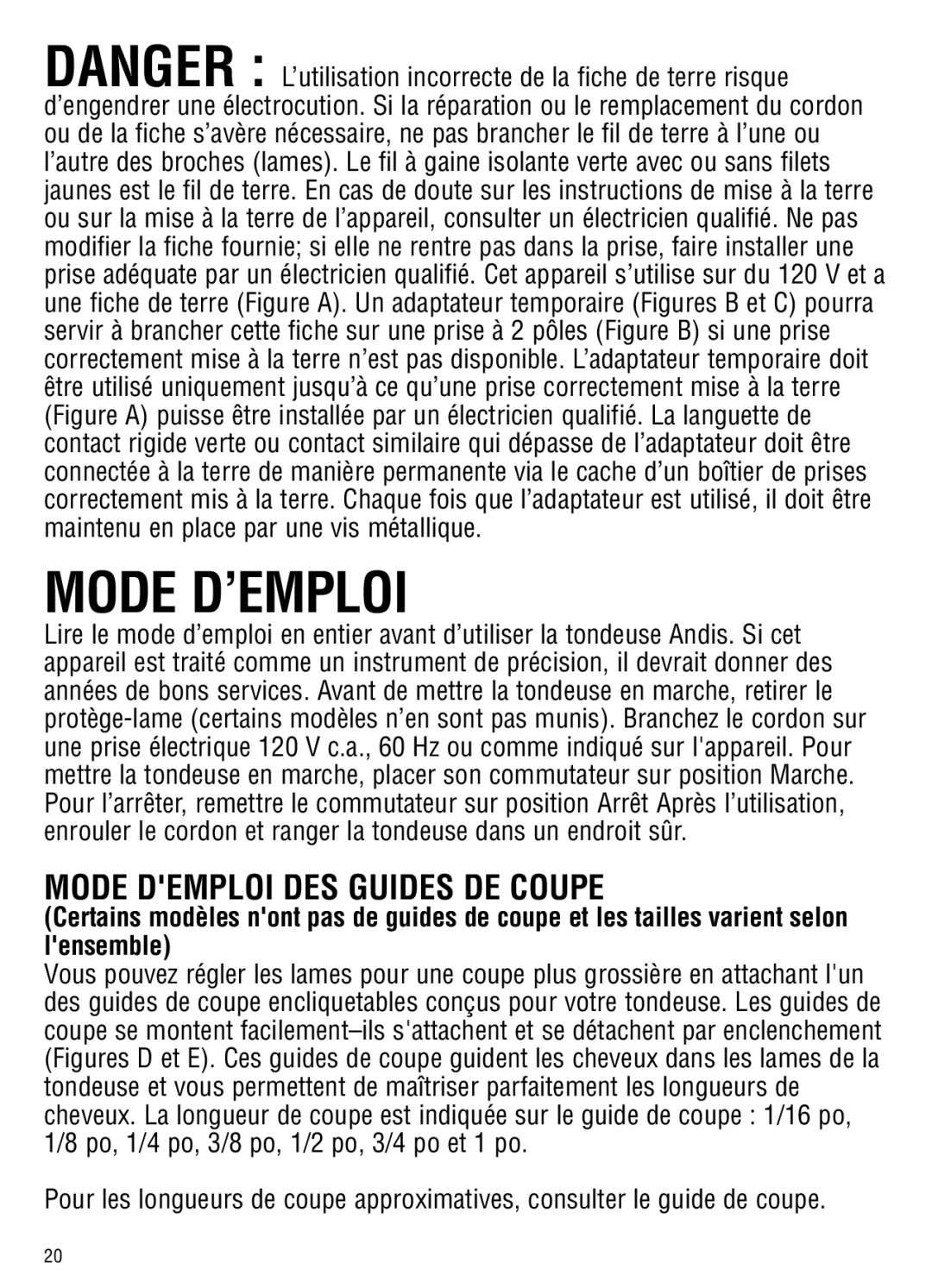 Andis Company ML, GC manual Mode D’EMPLOI, Mode Demploi DES Guides DE Coupe 