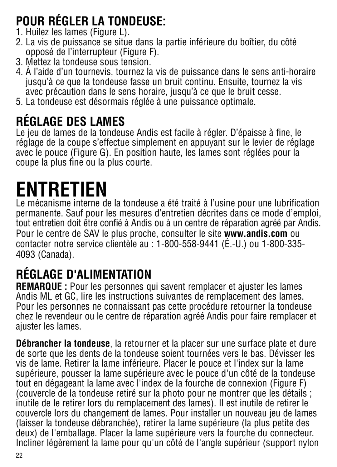 Andis Company ML, GC manual Entretien, Pour Régler LA Tondeuse, Réglage DES Lames 