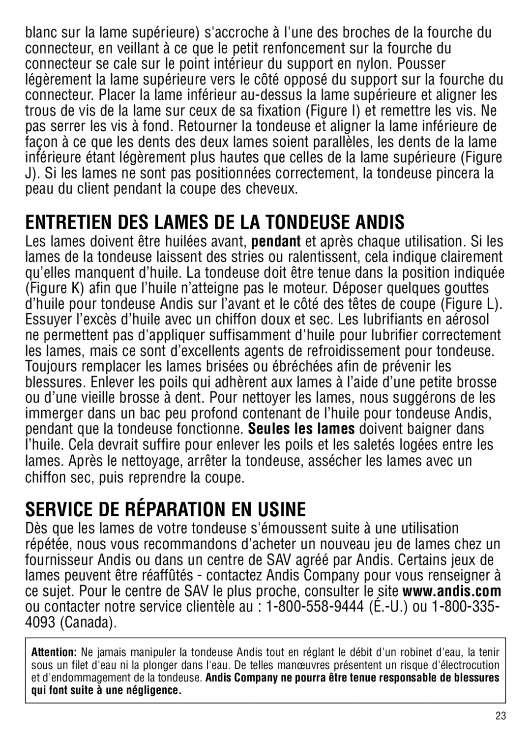 Andis Company GC, ML manual Entretien DES Lames DE LA Tondeuse Andis, Service DE Réparation EN Usine 