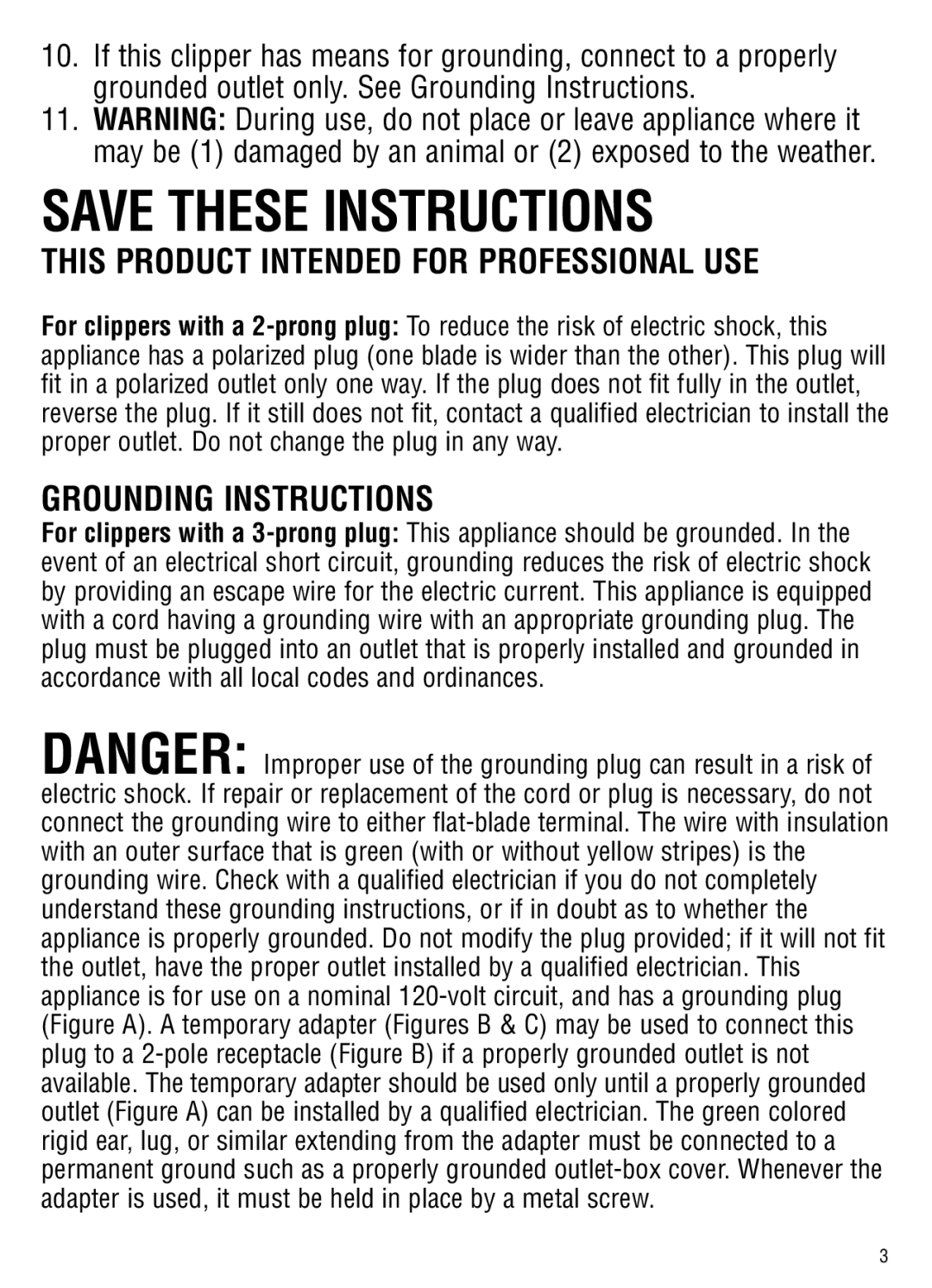 Andis Company GC, ML manual This Product Intended for Professional USE, Grounding Instructions 