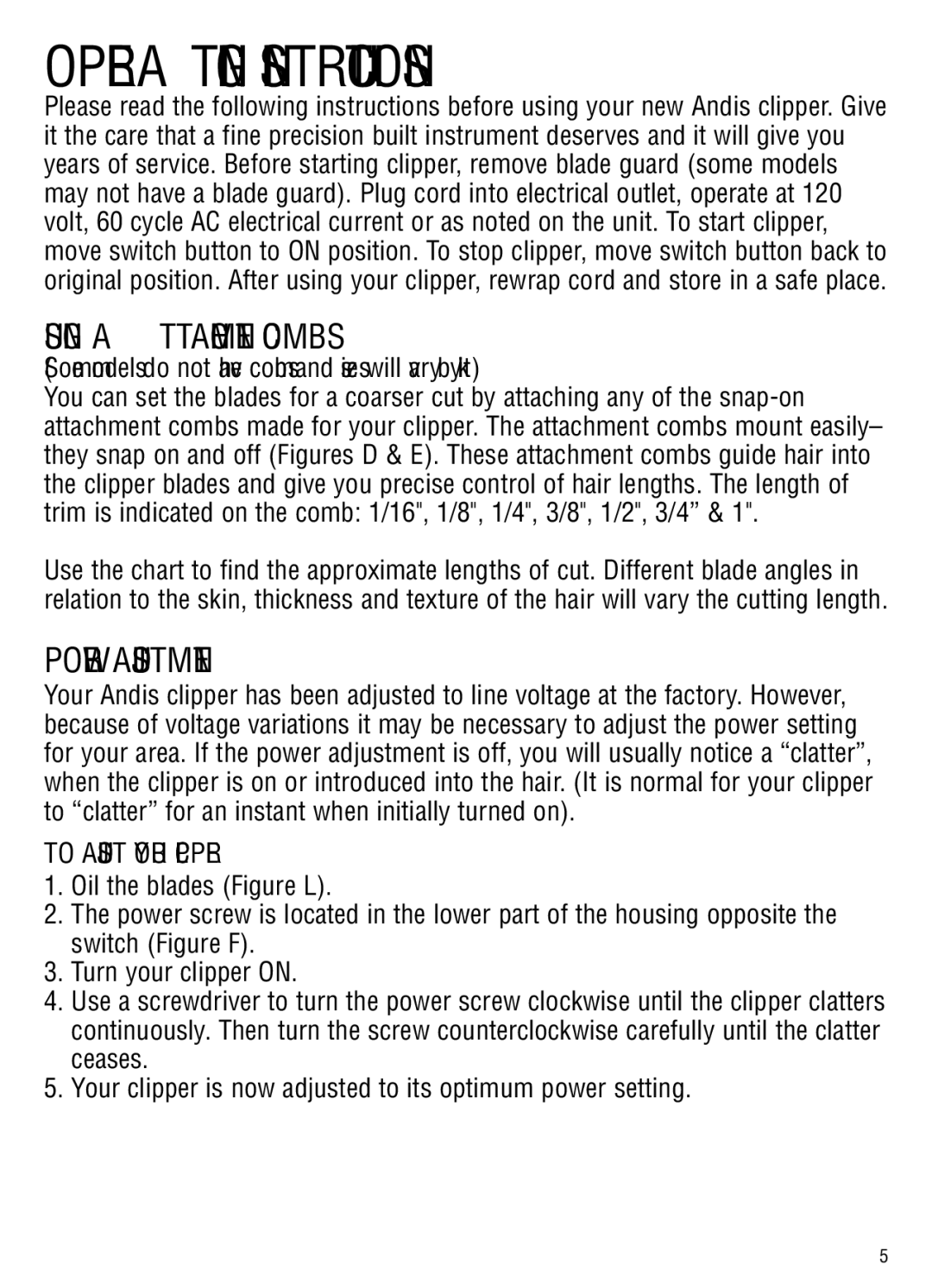 Andis Company GC, ML manual Operating Instructions, Power Adjustment 