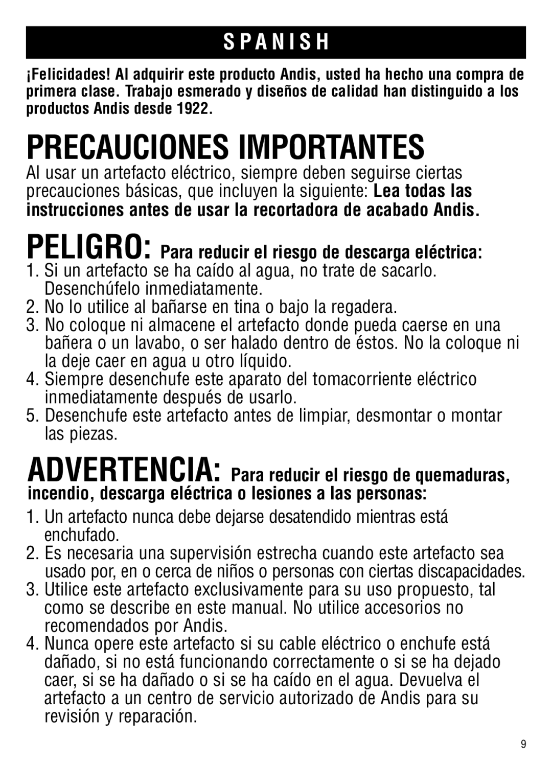 Andis Company GC, ML manual Precauciones Importantes, A N I S H 