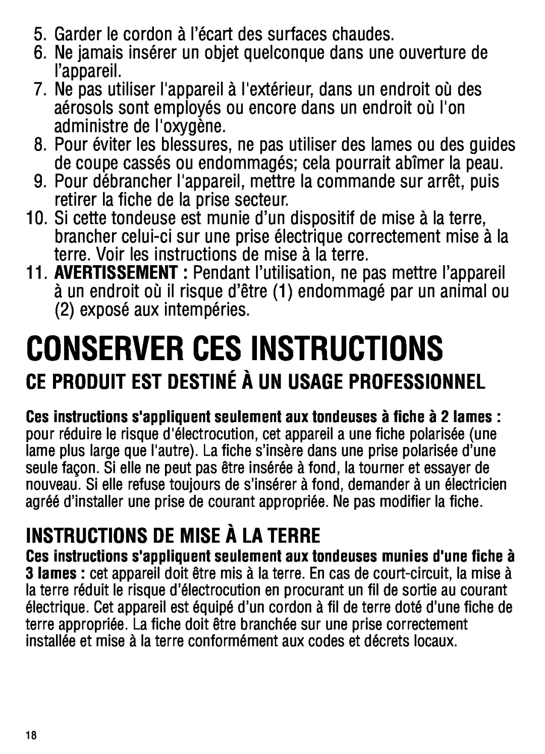 Andis Company ML, GC manual Conserver Ces Instructions, Instructions De Mise À La Terre 