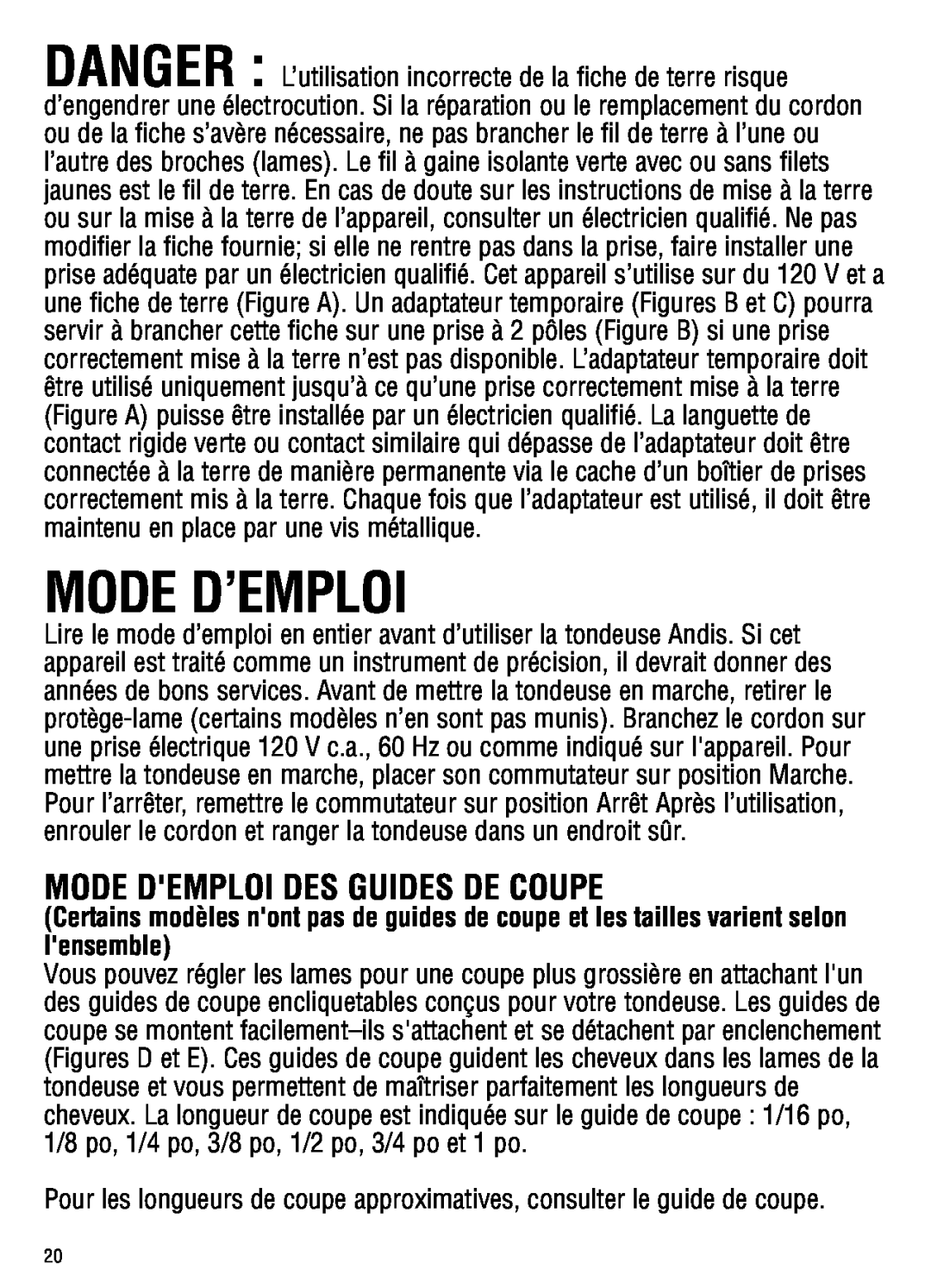 Andis Company ML, GC manual Mode D’Emploi, Mode Demploi Des Guides De Coupe 