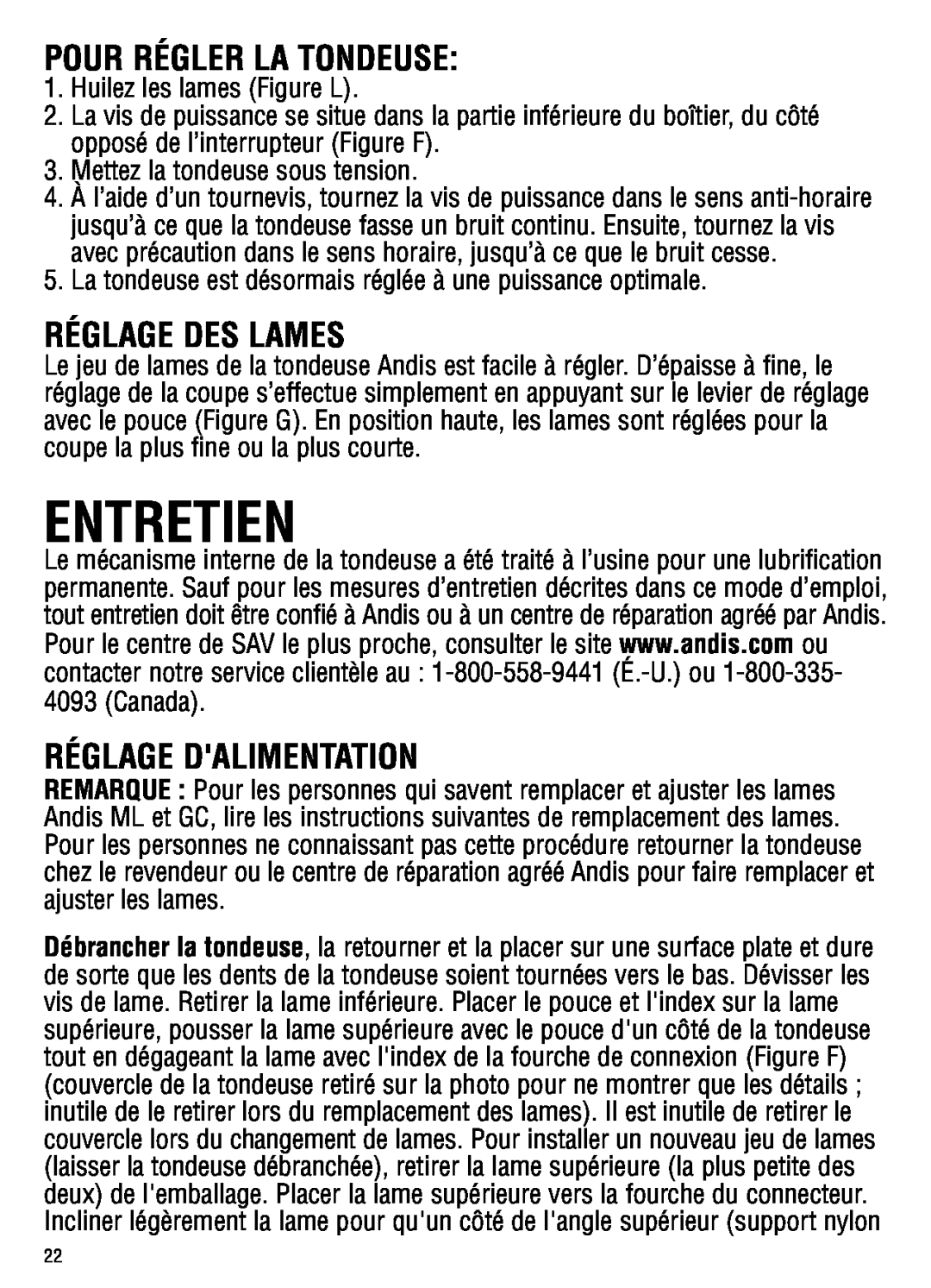 Andis Company ML Entretien, Pour Régler La Tondeuse, Réglage Des Lames, Réglage Dalimentation, Huilez les lames Figure L 