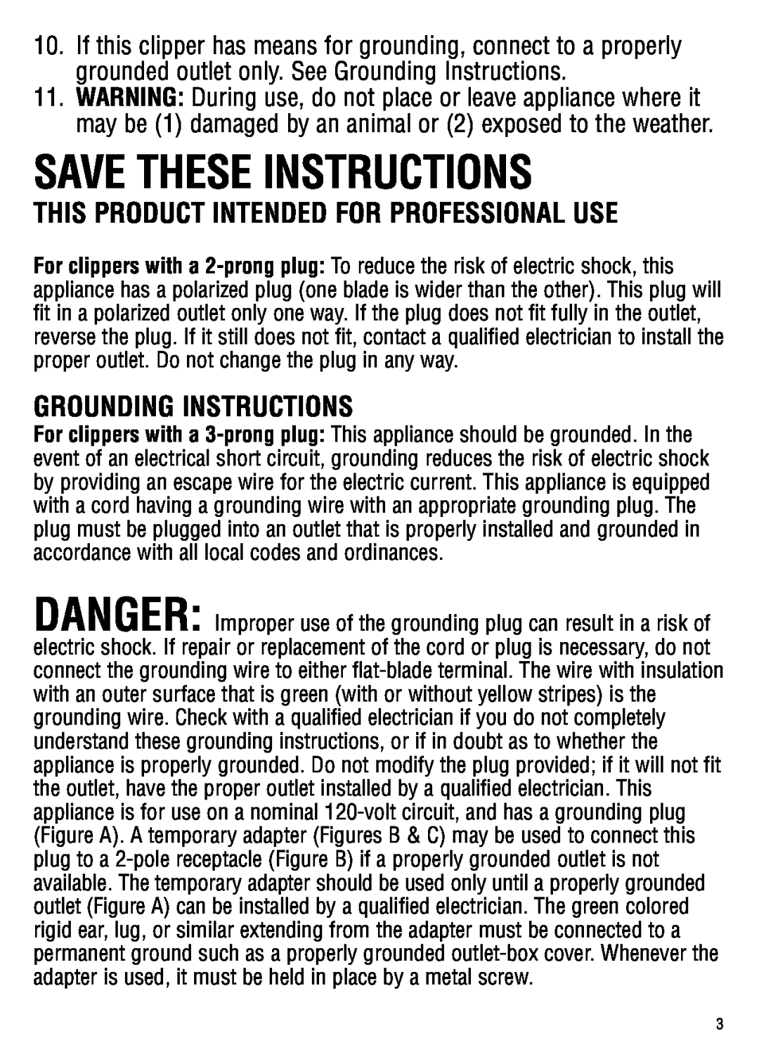 Andis Company GC, ML manual save these instructions, This Product Intended For Professional Use, Grounding Instructions 