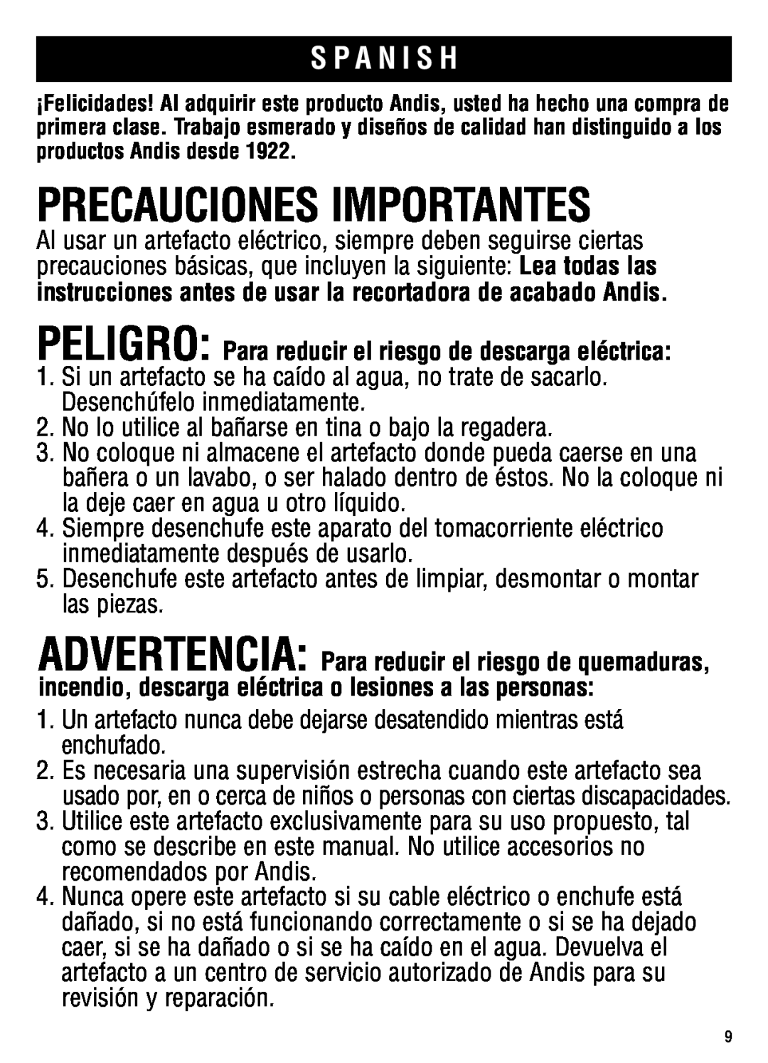 Andis Company GC, ML manual Precauciones Importantes, S P A N I S H 
