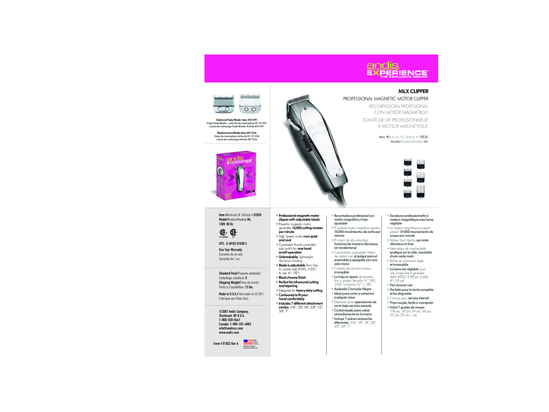 Andis Company specifications MLX Clipper, Professional Magnetic Motor Clipper, Garantía de un año Garantie de 1 an 