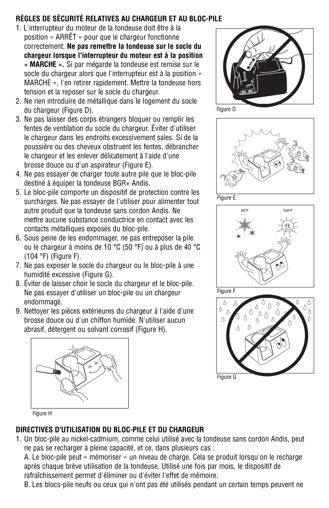 Andis Company Model BGR BGRC manual Du chargeur Figure D, Directives Dutilisation DU BLOC-PILE ET DU Chargeur 