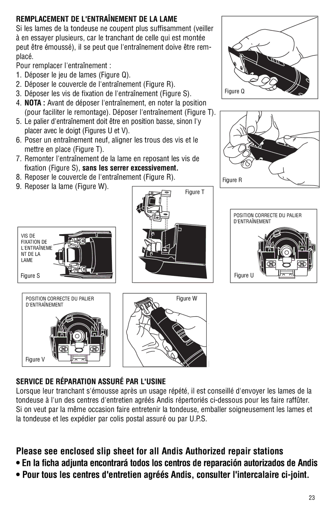 Andis Company Model BGR BGRC manual Remplacement DE Lentraînement DE LA Lame, Service DE Réparation Assuré PAR Lusine 