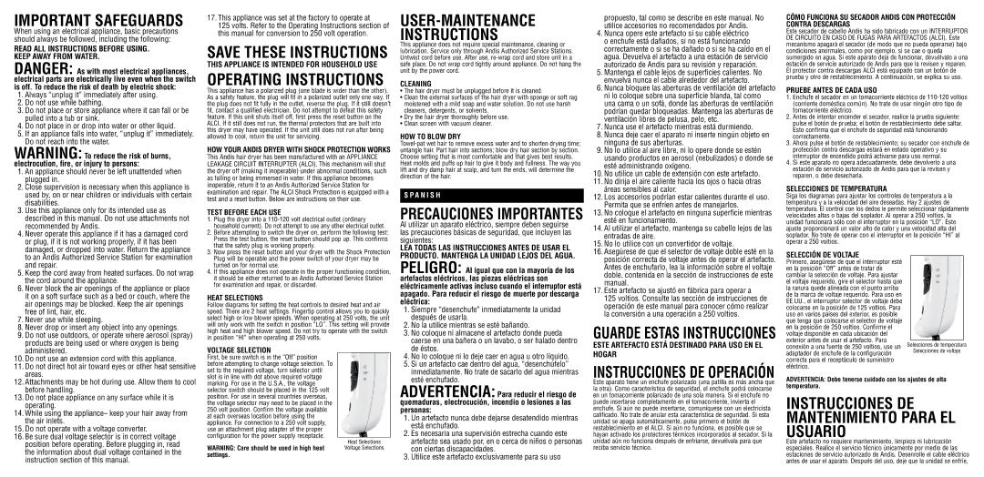 Andis Company MT-12 warranty Read ALL Instructions Before USING. Keep Away from Water, Test Before Each USE 