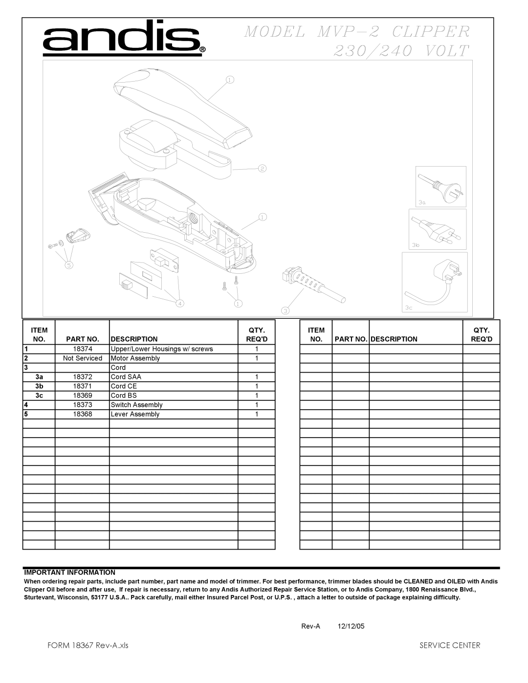 Andis Company MVP-2 manual QTY Description Reqd Part NO. Description, Important Information 