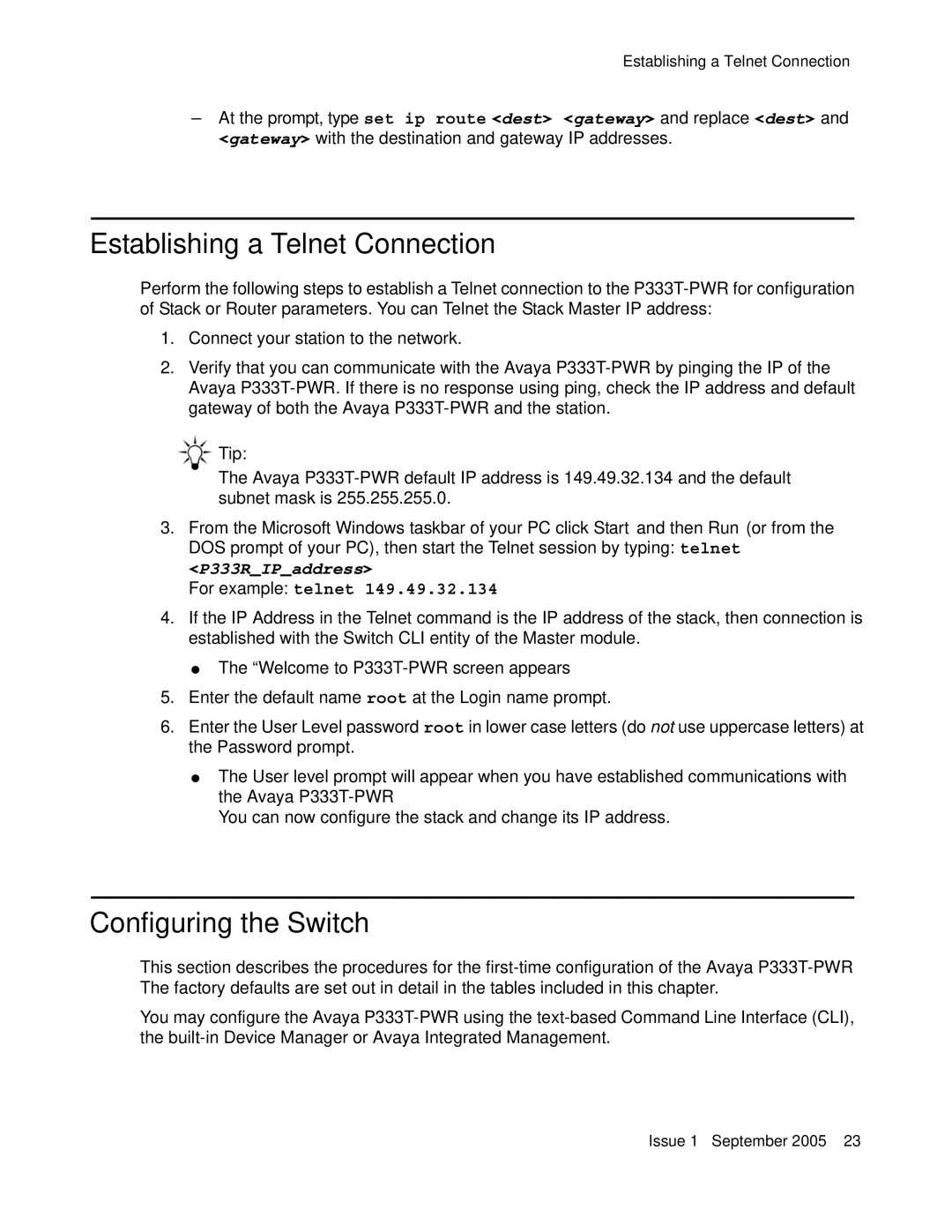 Andis Company P333T-PWR quick start Establishing a Telnet Connection, Configuring the Switch 