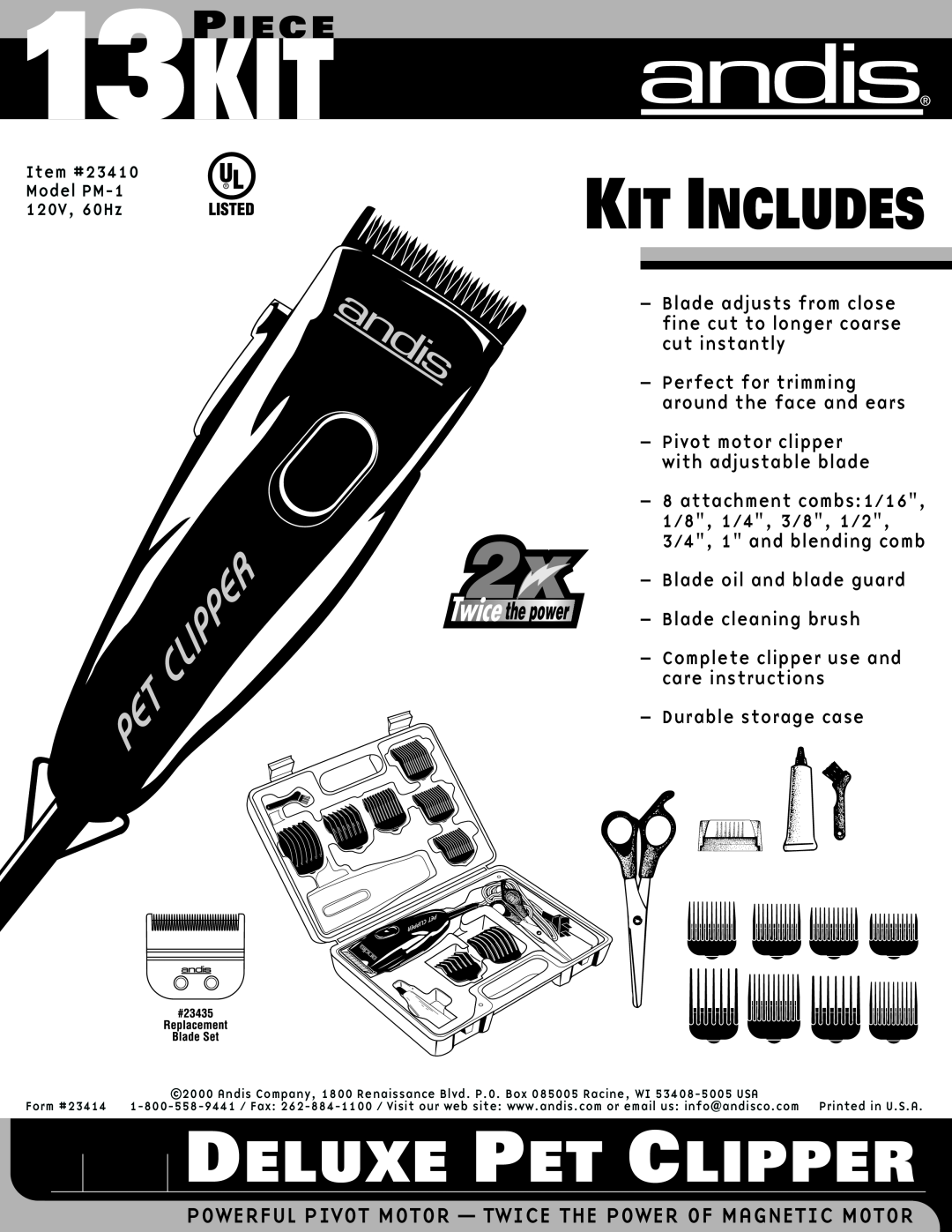 Andis Company PM-1 120V manual Deluxe Pet Clipper, Kit Includes, Powerful Pivot Motor - Twice The Power Of Magnetic Motor 