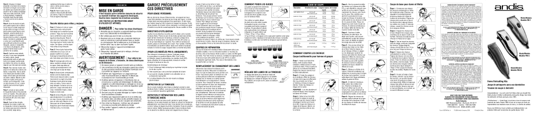 Andis Company PM-1 warranty Pour Usage Personnel, Directives Dutilisation, Pour LES Modèles PM-3L Uniquement 