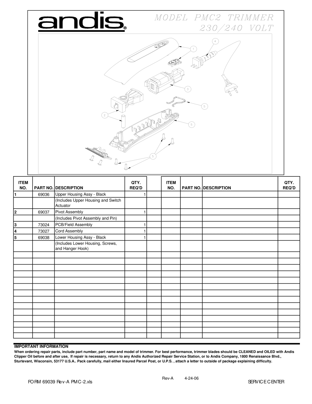 Andis Company PMC-2 manual QTY Part NO. Description Reqd, Important Information 