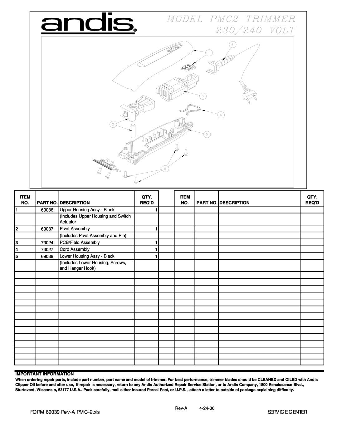 Andis Company manual FORM 69039 Rev-A PMC-2.xls, Service Center, Part No. Description, Reqd, Important Information 