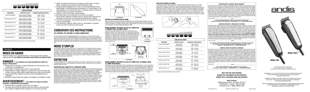 Andis Company RAC warranty Mises EN Garde, Mode D’EMPLOI, Entretien 