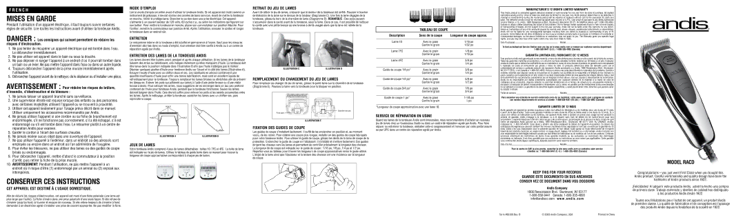 Andis Company RACD warranty Mode D’EMPLOI, Entretien DES Lames DE LA Tondeuse Andis, Retrait DU JEU DE Lames 