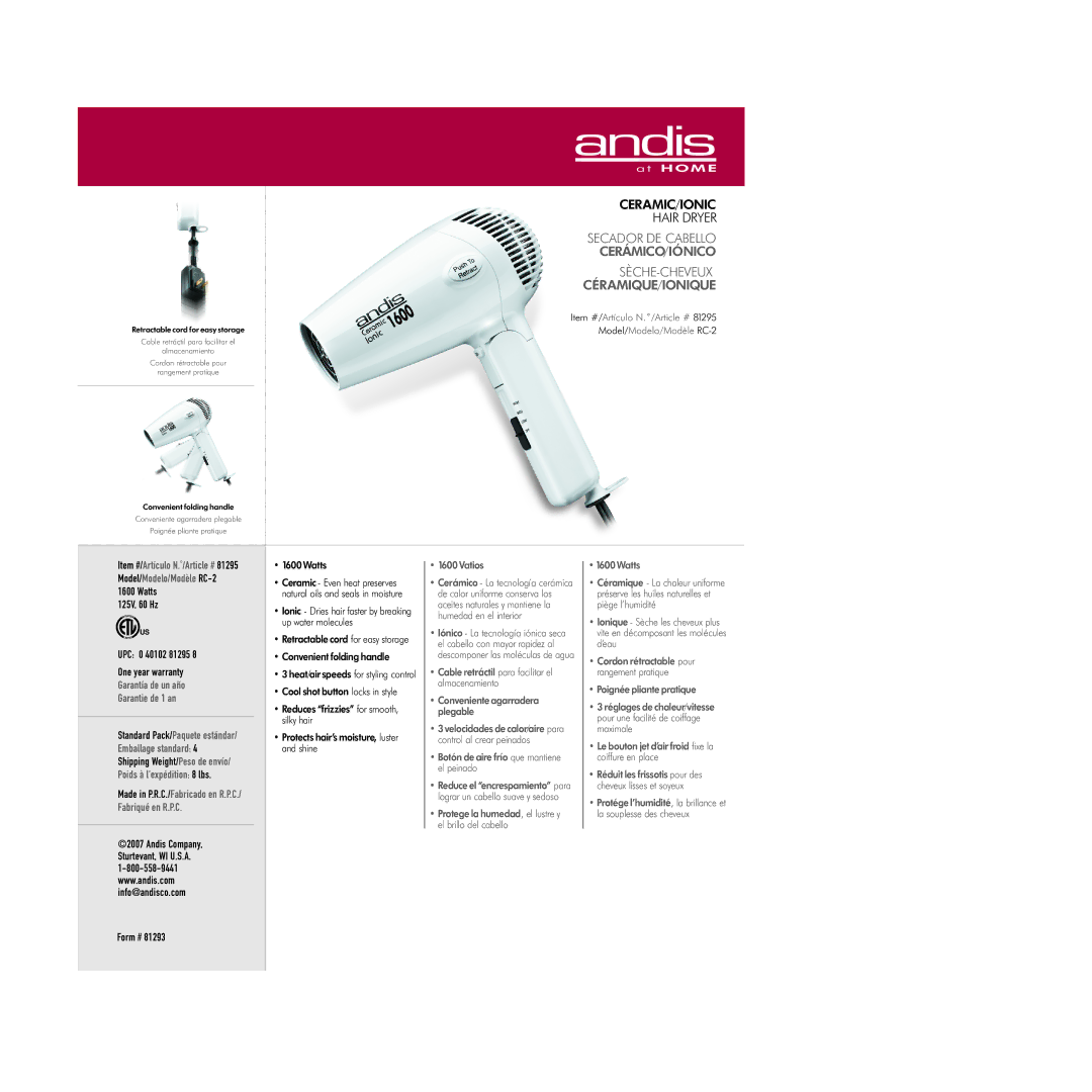 Andis Company RC-2 warranty CERAMIC/IONIC Hair Dryer 