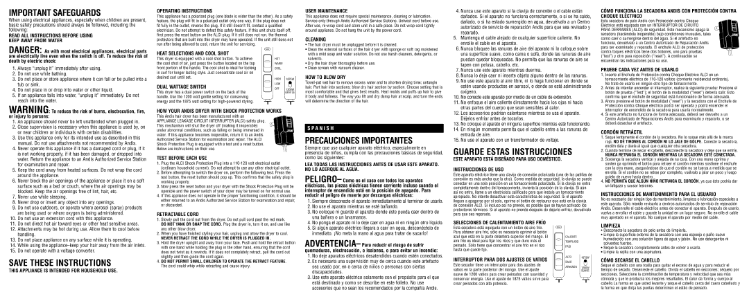 Andis Company RC-3 warranty KEEP AWAY FROM WATER Operating Instructions, User Maintenance, Heat Selections and Cool Shot 