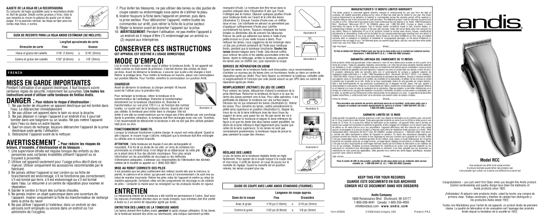 Andis Company RCC warranty Mode D’EMPLOI, Entretien 