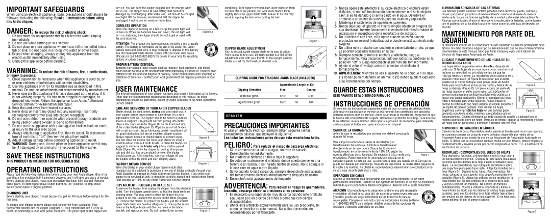 Andis Company RCC Important Safeguards, Operating Instructions, User Maintenance, Mantenimiento POR Parte DEL Usuario 