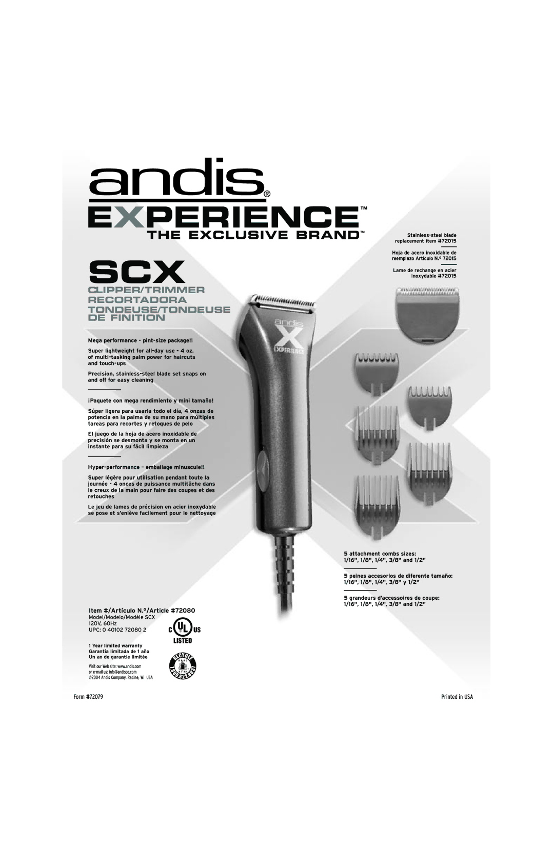 Andis Company SCX manual CLIPPER/TRIMMER Recortadora TONDEUSE/TONDEUSE DE Finition, Item #/Artículo N./Article #72080 