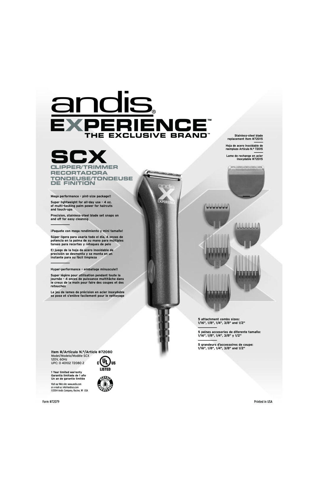 Andis Company SCX Experience, The Exclusive Brand, Clipper/Trimmer Recortadora, Tondeuse/Tondeuse De Finition, Form #72079 