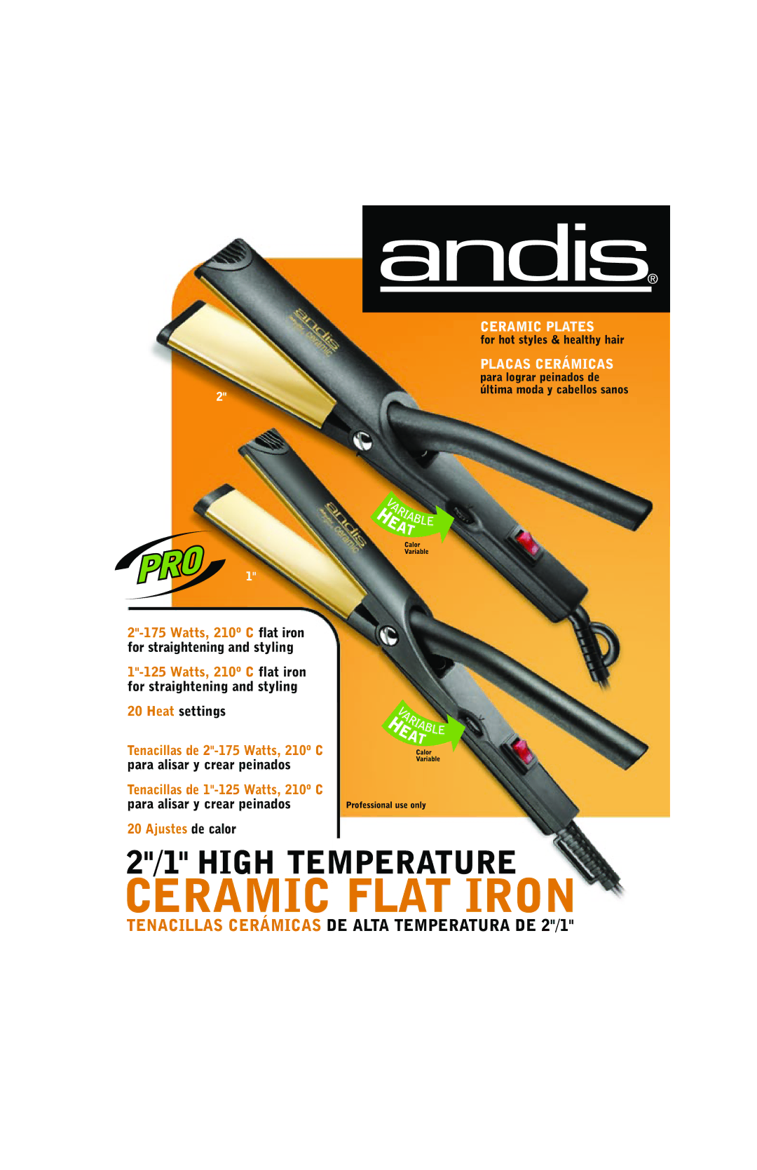 Andis Company SI-2E manual Ceramic Flat Iron, Tenacillas Cerámicas DE Alta Temperatura DE 2/1, Ceramic Plates 