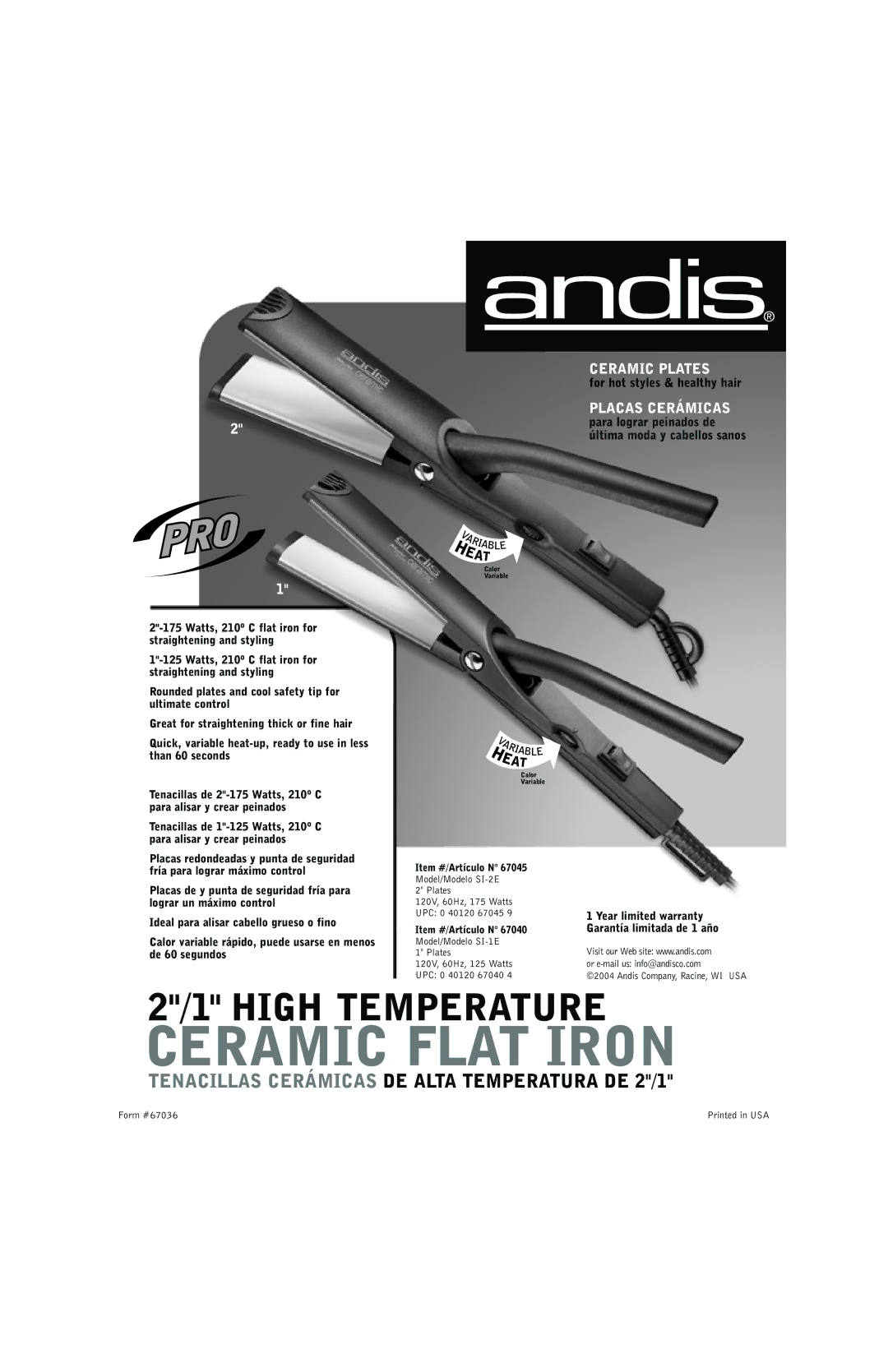 Andis Company SI-2E manual Ceramic Plates, Placas Cerámicas, Para lograr peinados de, Year limited warranty 