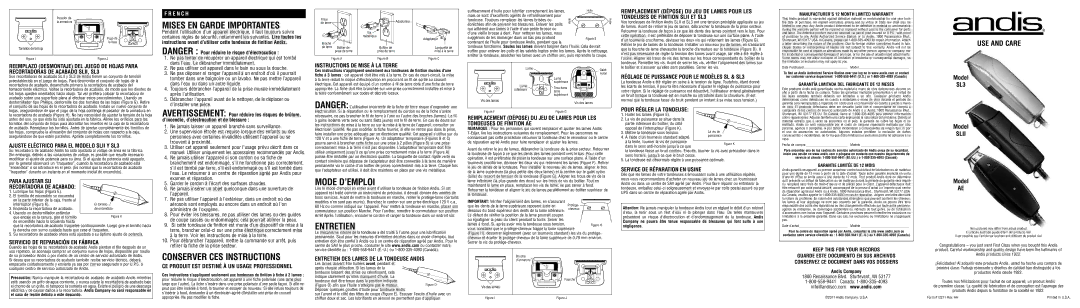 Andis Company SLII, SL3, AE warranty Mises EN Garde Importantes, Avertissement, Mode D’EMPLOI, Entretien 